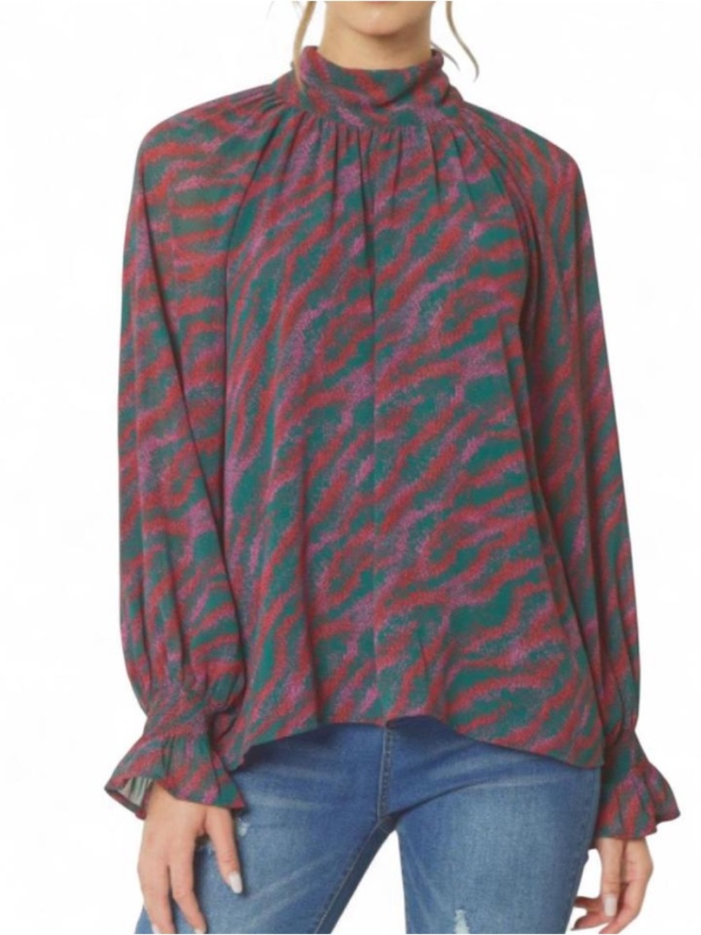 Entro Pink & Green Abstract Zebra Print Blouse - Ruffle Cuff - Size Small
